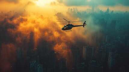 Poster - Helicopter Flying Over a City at Sunrise