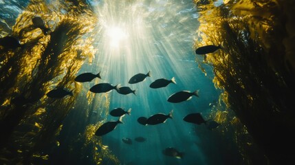 Wide shot of a school of sea fish swimming through a sunlit underwater kelp forest, showcasing natural marine habitat