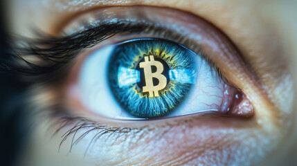 Bitcoin symbol in female eye