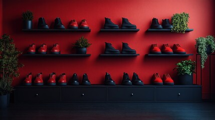 Wall Mural - Stylish shoe display with red and black footwear against a vibrant wall.