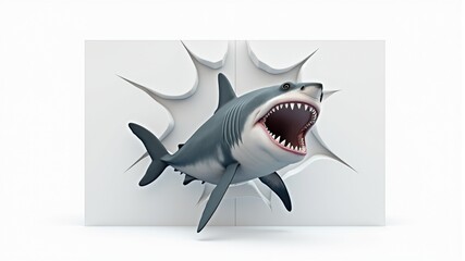 There is a 3D painting of a shark with a toothy mouth on the wall