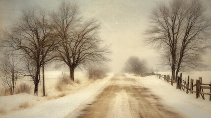 A serene winter landscape with a snow-covered road, foggy atmosphere, and bare trees creating a peaceful, dreamy scene.