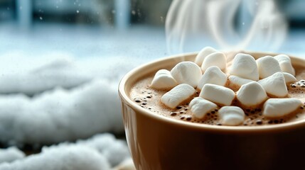 Canvas Print - Close-up of a steaming cup of hot chocolate with marshmallows on top, set against a snowy background through a window.