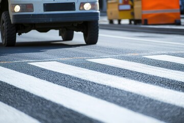 Close-up of zebra crossing with car and bus in background