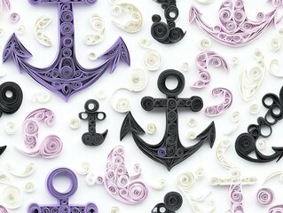 seamless pattern of 3D anchor boat ,  paper quill patterns. 