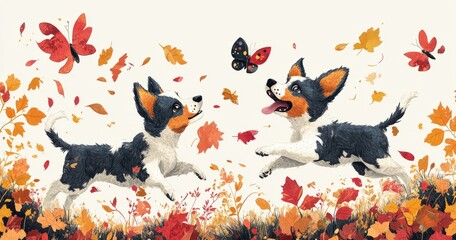 Playful dogs in colorful autumn landscape