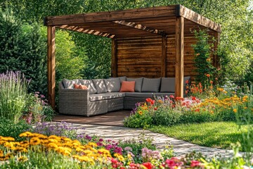 Sunny summer day in a private garden with lots of flowers, grass and trees