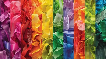 Poster - Brightly colored fabric strips arranged in vertical sections, representing a spectrum of hues from red to purple. The abstract arrangement captures vibrant energy and the joy of color exploration.