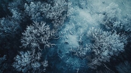 Aerial view of frost-covered trees depicting serene winter landscape in cool tones. Perfect for nature and seasonal themes.