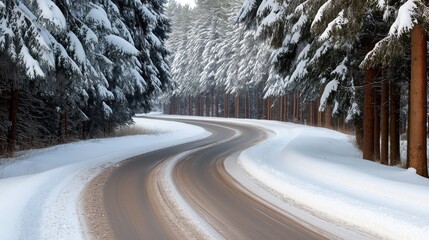 Canvas Print - Snow-covered winding road through a dense forest of pine trees with heavy snow on their branches, creating a serene winter landscape under clear skies.