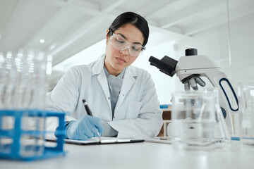 Poster - Laboratory, woman and scientist with clipboard for writing, treatment notes and planning for experiment. Healthcare, female expert or doctor with analysis for study test, checklist and medical report