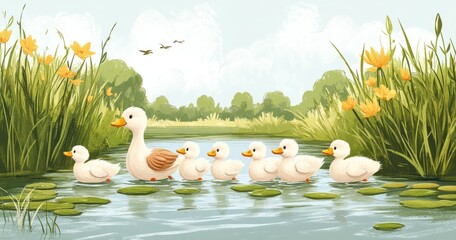 Adorable duck family swimming in a serene pond