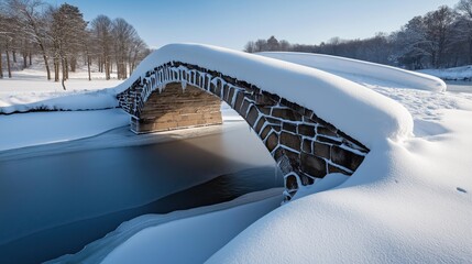 Wall Mural - A snow-covered stone bridge crossing a partially frozen river in a winter landscape with bare trees and clear blue sky.