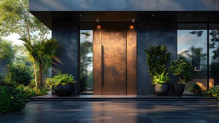 Modern house with copper door and lush greenery. Minimalist design with a touch of nature.