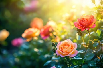 Colorful roses blooming in the garden at sunset. Nature background with generative ai