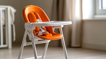 Bright and modern high chair designed for infants, featuring a comfortable orange seat and sleek white frame, perfect for mealtime.