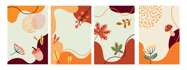 Wall Mural - Set of autumn posters with leaves, berries, mushrooms. Abstract vector templates poster, invitation, card, flyer, cover, banner, placard, brochure, social media, sale, advertising