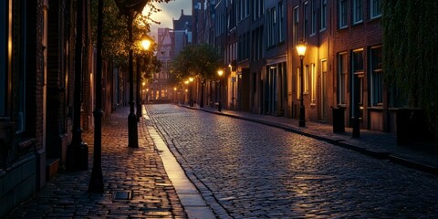 cobblestone street lit by lampposts at twilight.
