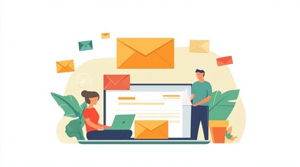 Poster - email service concept with people scene for web. man makes advertising mailing. woman receives onlin