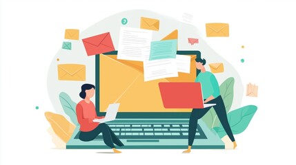 Poster - email service concept with people scene for web. man makes advertising mailing. woman receives onlin