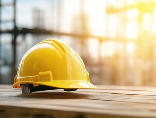 Yellow safety construction helmet on the blurred background