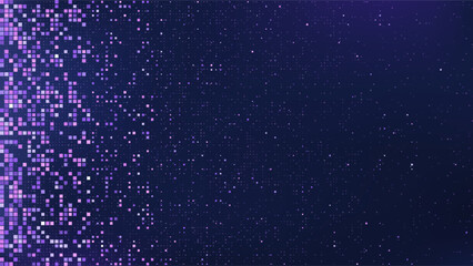 Abstract pixel texture pattern. Tech ai bg with square data block frame. Techno innovation gradient metaverse wallpaper. Random quadrangle tv screen concept. Network fade with pink and purple cube.