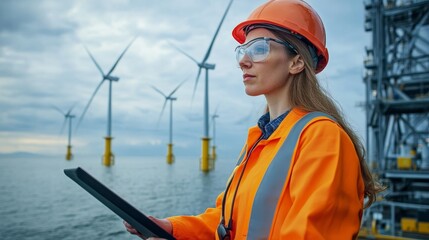 A focused woman in safety gear monitors offshore wind turbines, showcasing renewable energy innovation amidst a cloudy sky.