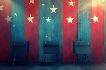 Three voting boxes are on a wooden wall with stars and stripes