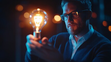 A focused man examines a glowing light bulb, surrounded by soft lighting, conveying themes of innovation and inspiration.