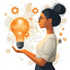 Wall Mural - The Brilliance Within: A young professional ignites innovation, holding a glowing light bulb symbolizing creativity and ingenuity in a tech-inspired illustration