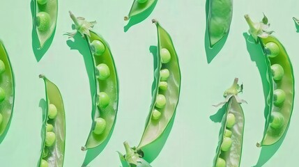 Open green pea pods arranged against a light green background. Fresh and crisp appearance with visible peas inside the pods. Concept of nature, health, and farm-fresh produce