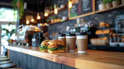 Stylish cafe counter with two healthy sandwiches made from whole grain bread, filled with fresh veggies, three takeaway coffee cups, modern, cozy setting creates welcoming atmosphere for customers.