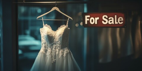 A white wedding dress for sale in a shop window.