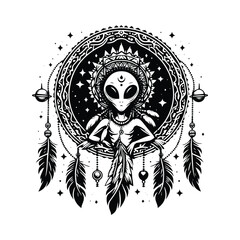 martian alien with bohemian decoration in black and white illustrations, cutout graphic f