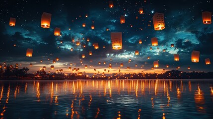 Poster - Sky Lanterns Floating Over Tranquil Lake