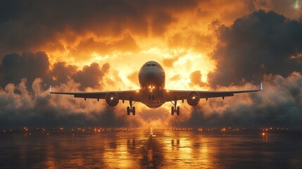 Wall Mural - Airplane Landing at Sunset