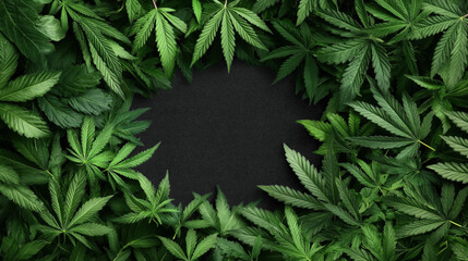 Wall Mural - A top view of a collection of green cannabis leaves surrounding an empty black center space.