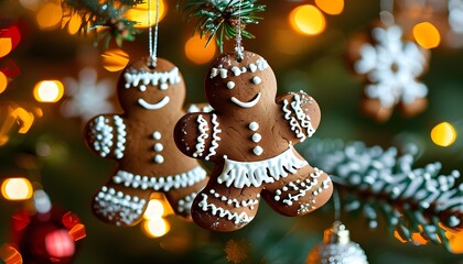 Festive gingerbread man ornament with intricate white details, suspended from a warmly lit Christmas tree, celebrating holiday baking and seasonal cheer