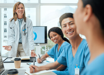 Poster - Computer screen, development or workshop and doctor in hospital boardroom with nurse students. Coaching, development and seminar with people in clinic for healthcare, consulting or medical internship