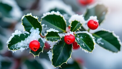 Wall Mural - Festive close-up of holly berries adorned with snow, capturing the enchanting winter spirit perfect for Christmas and New Year ambiance.