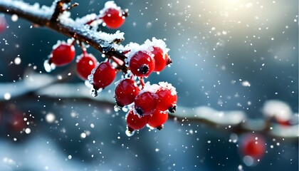 Wall Mural - Glistening icy berries on snowy branches capturing a chilly winter morning in a festive New Year and Christmas atmosphere