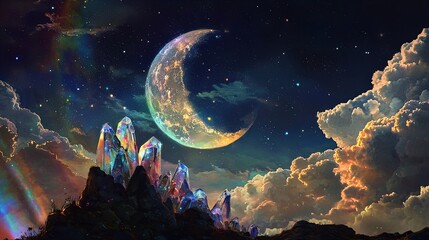 Wall Mural - This image displays a surreal, enchanting nighttime landscape featuring a large crescent moon in the sky. Below the moon, there is a formation of prismatic, multicolored crystals emerging from the gro