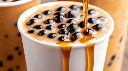 Wall Mural - Close-up of a white cup filled with bubble tea, also known as boba tea, featuring black tapioca pearls and a stream of caramel-like syrup being poured over the drink.