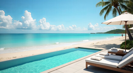 Serene beachfront view featuring a clear pool and turquoise waters under a blue sky in a tropical paradise