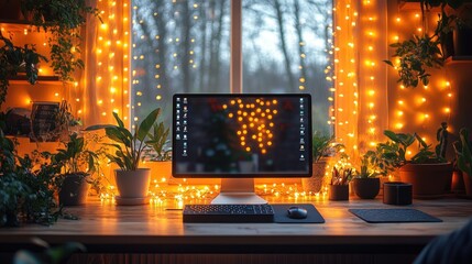 Sticker - Cozy Home Office with String Lights