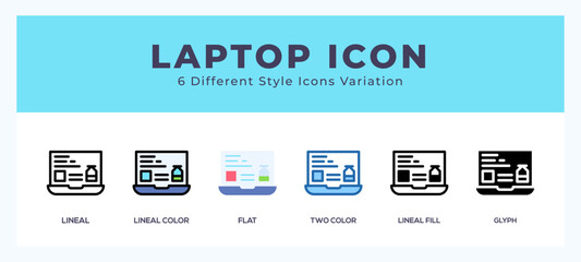 Sticker - Laptop icon set. outline. glyph black. flat color and filled line color