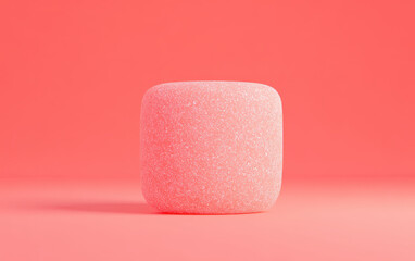 Poster - a single pink, textured marshmallow cube against a solid coral background. minimalist design ideal f