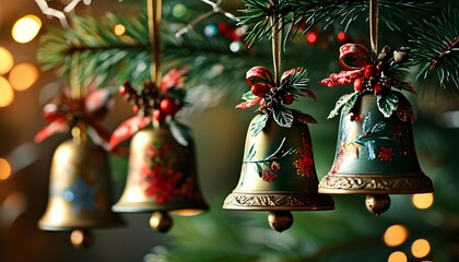 Festive bell ornament draped from pine branch, embodying the spirit of Christmas and New Year celebrations for greeting card or banner designs