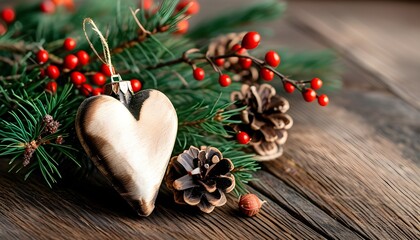 Rustic wooden heart ornament surrounded by pine branches and berries, perfect for Christmas and New Year greeting cards and festive banners.