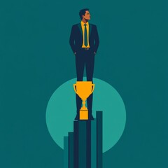 Businessman Standing on Trophy at the Peak of Success: A minimalist illustration of a confident businessman standing on a gold trophy atop a bar graph, symbolizing the pinnacle of success and achievem